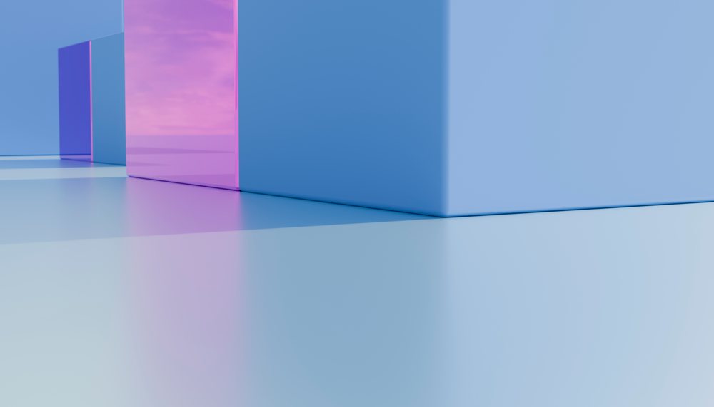 Minimalist abstract composition with blue and pink geometric cubes