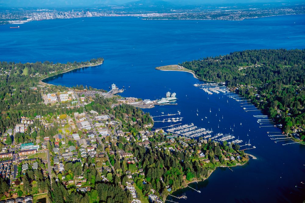Aerial view of Eagle Harbor marina and neighborhood on Bainbridge