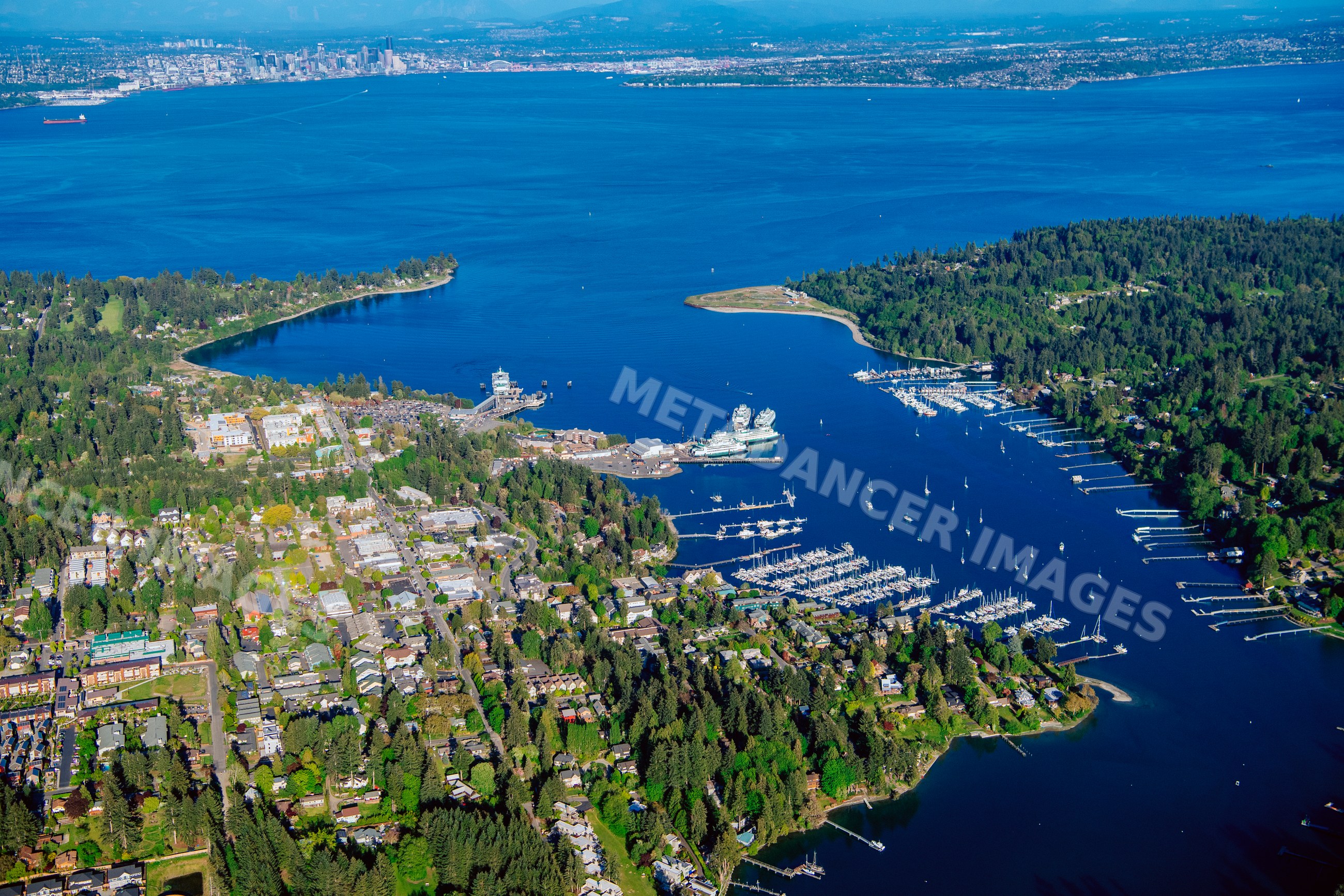 Aerial view of Eagle Harbor marina and neighborhood on Bainbridge