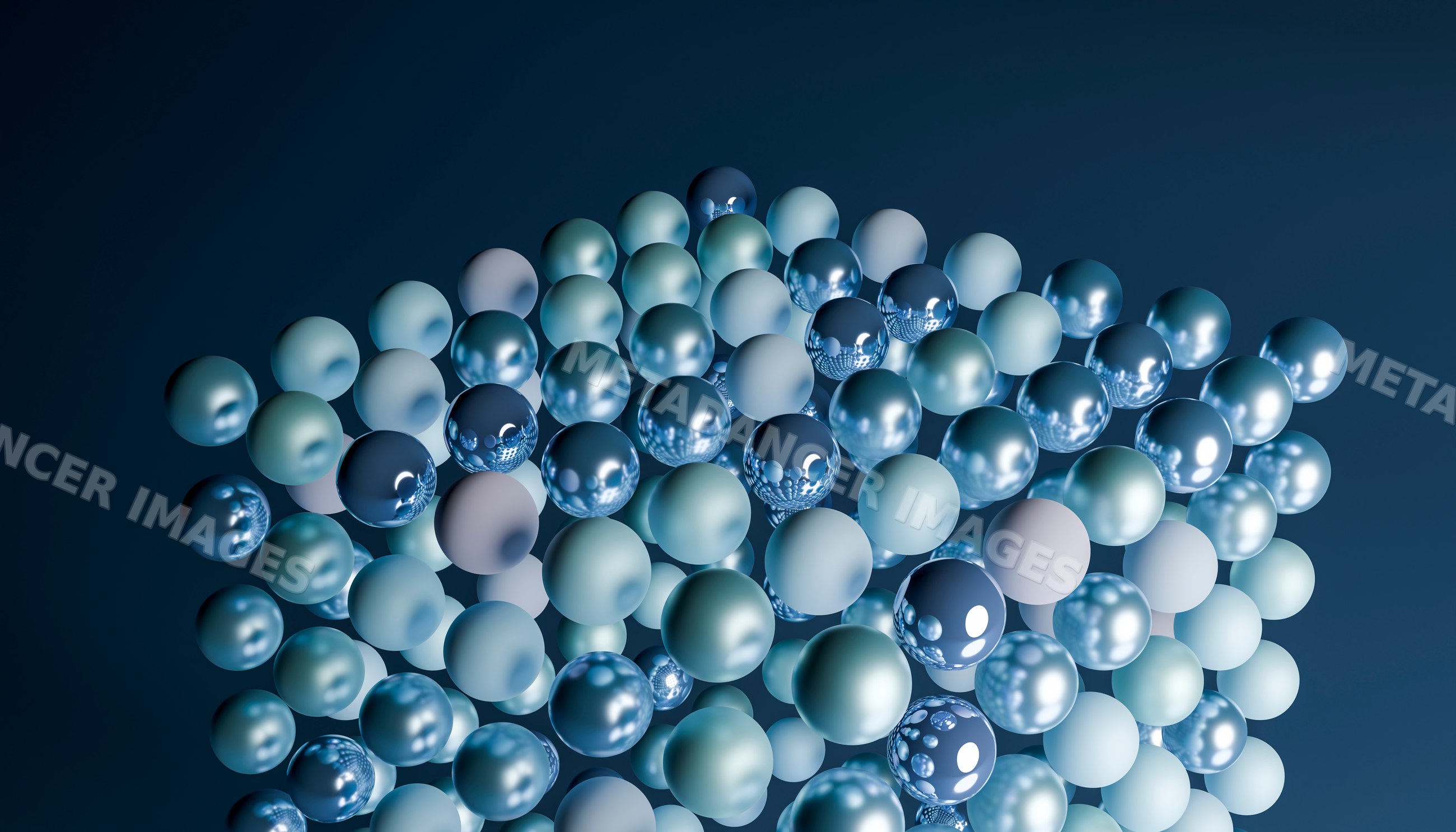 A cluster of 3d floating blue spheres with metallic and matte finishes