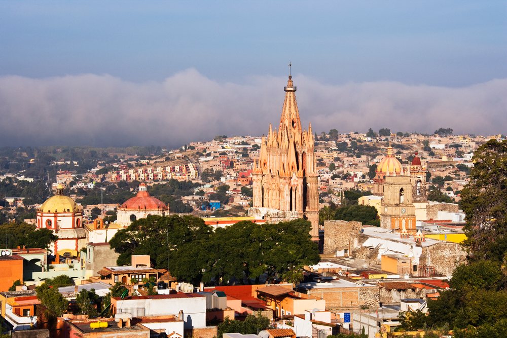 Cityscape view of san miguel de allende with historic cathedral