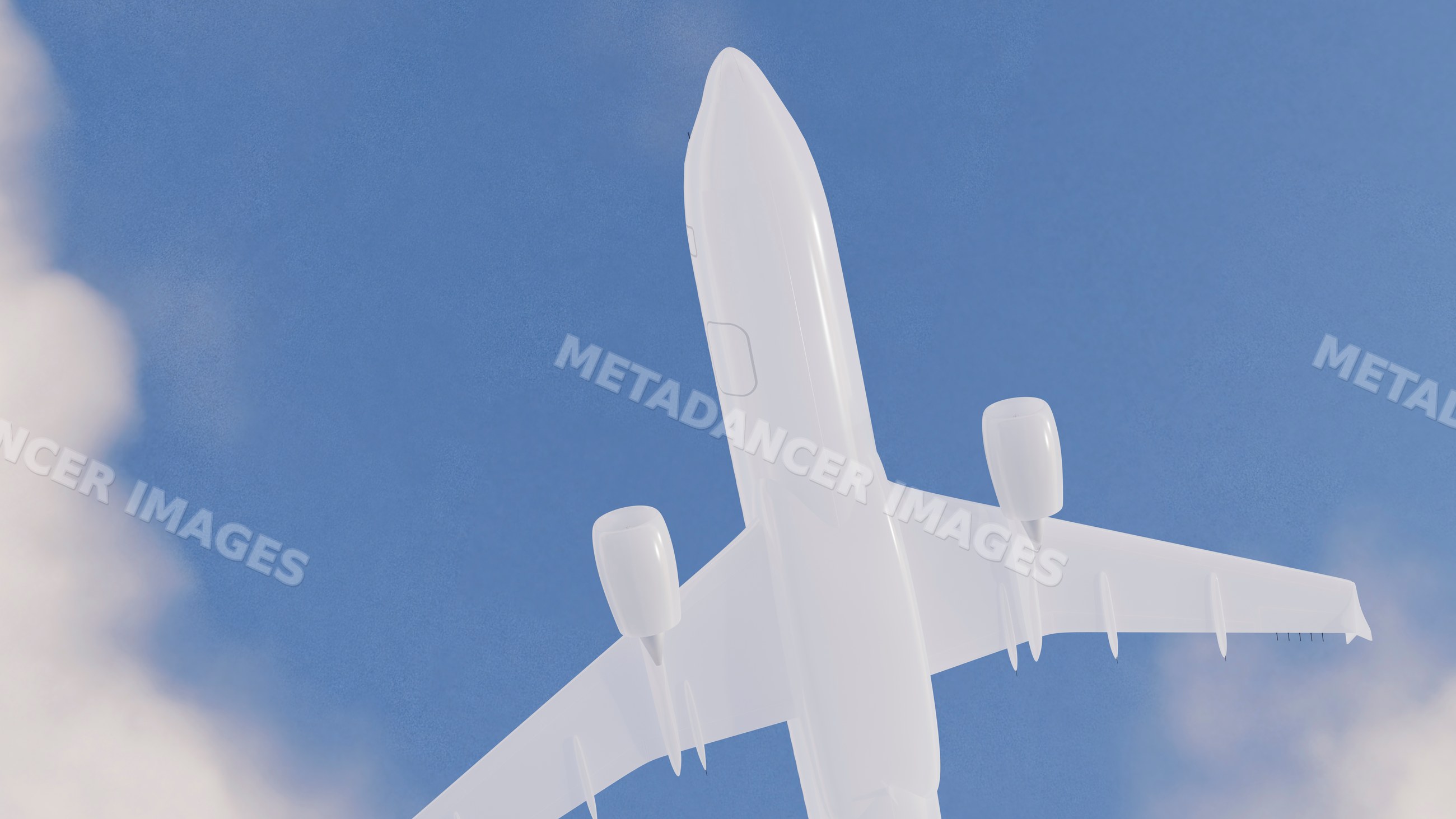 Airplane flying viewed from below in clear blue sky