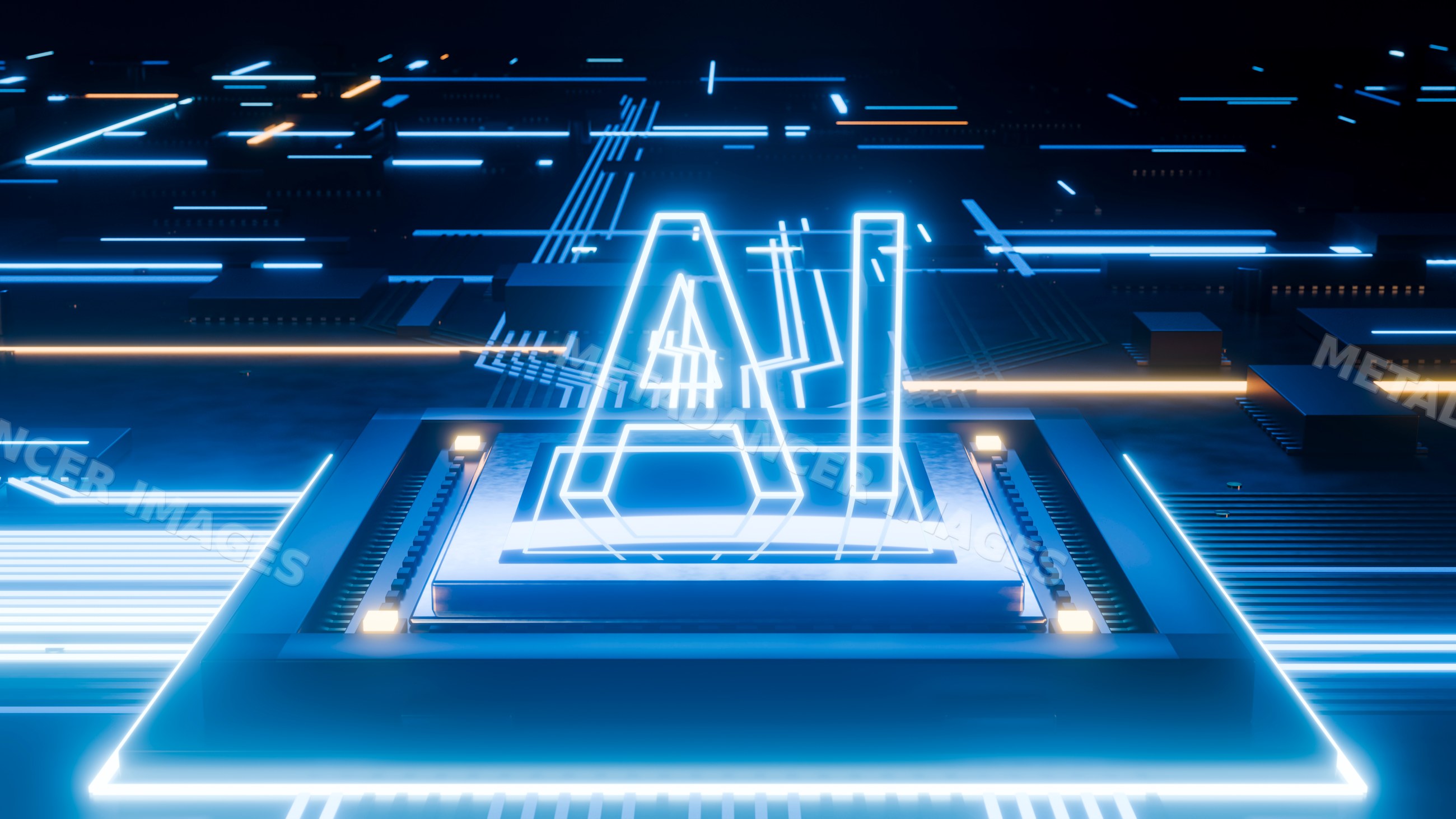 Glowing artificial intelligence letters on a microchip circuit board