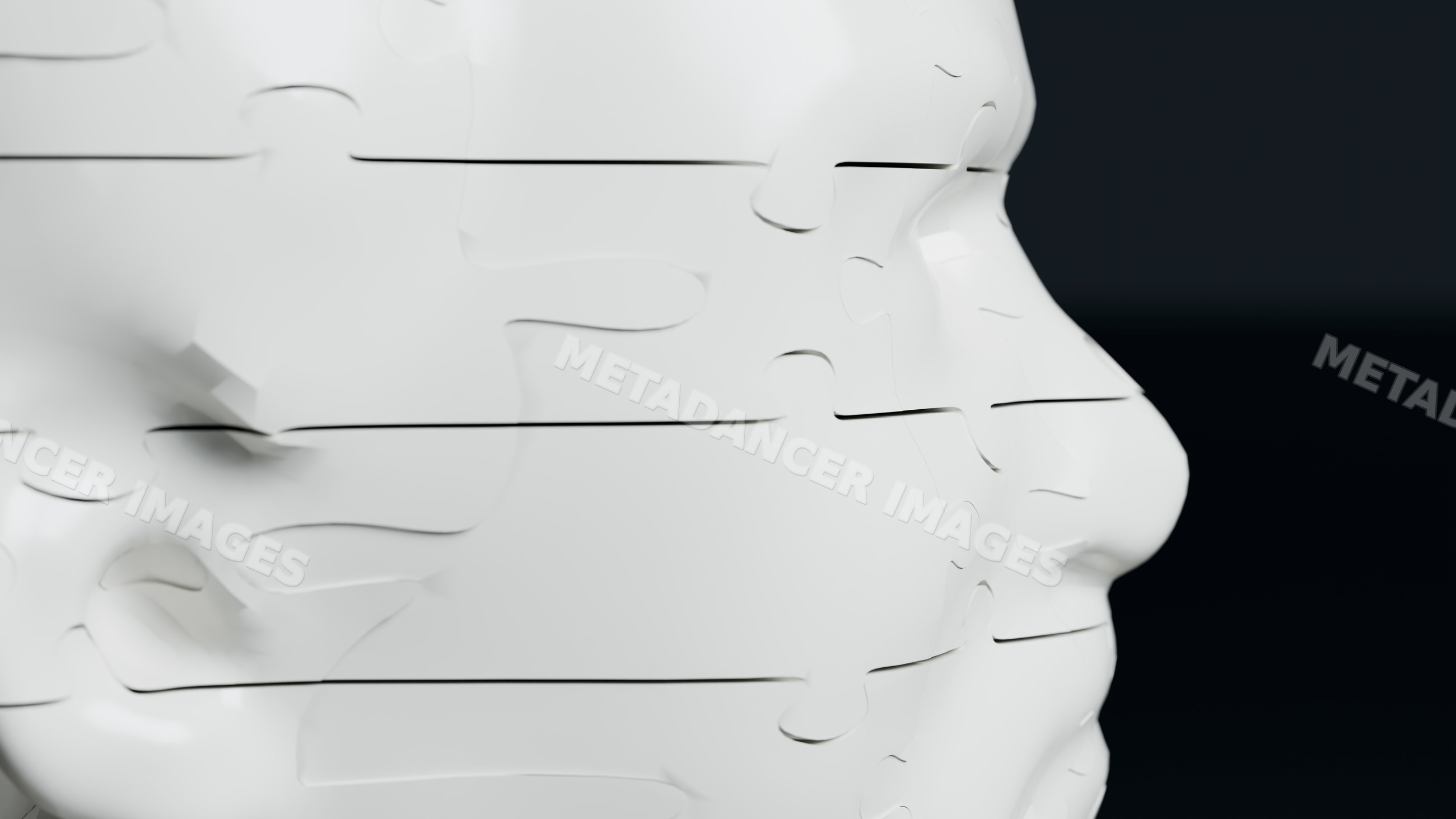 White puzzle pieces forming a human face in side view