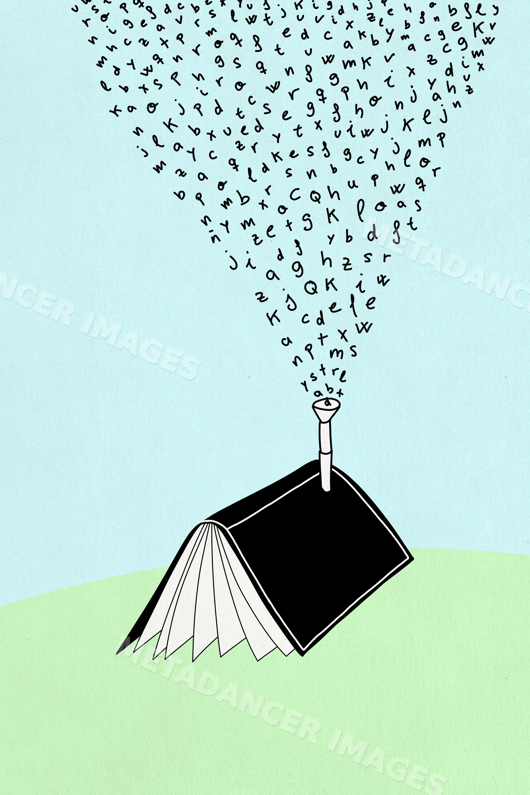 Open book with letters forming steam in conceptual illustration