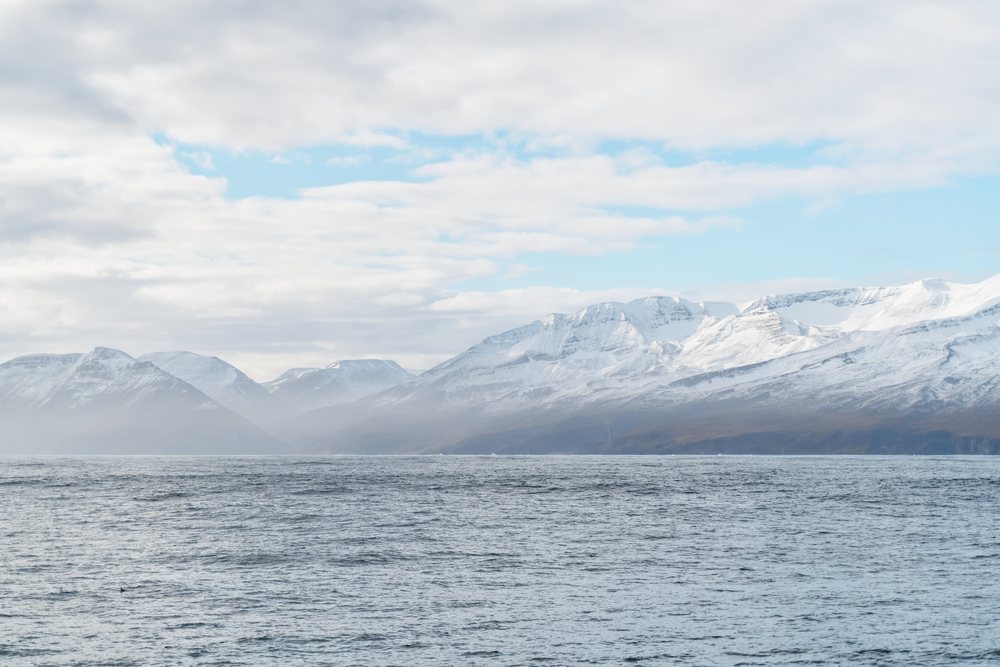Snowy mountains overlooking the misty ocean coast