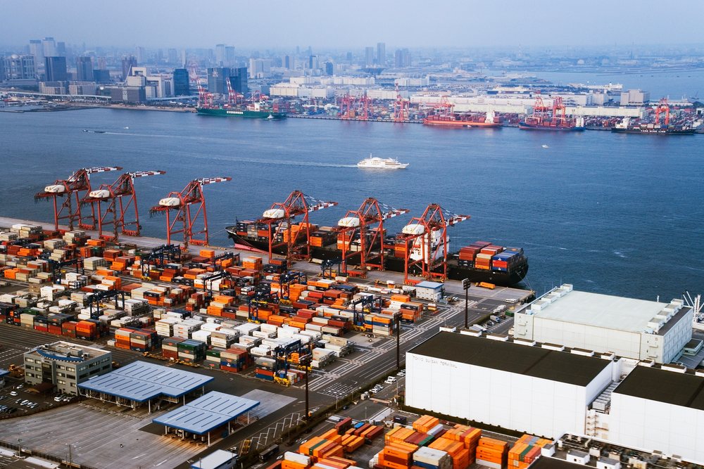 Tokyo suisan terminal container port and cargo ships on tokyo bay