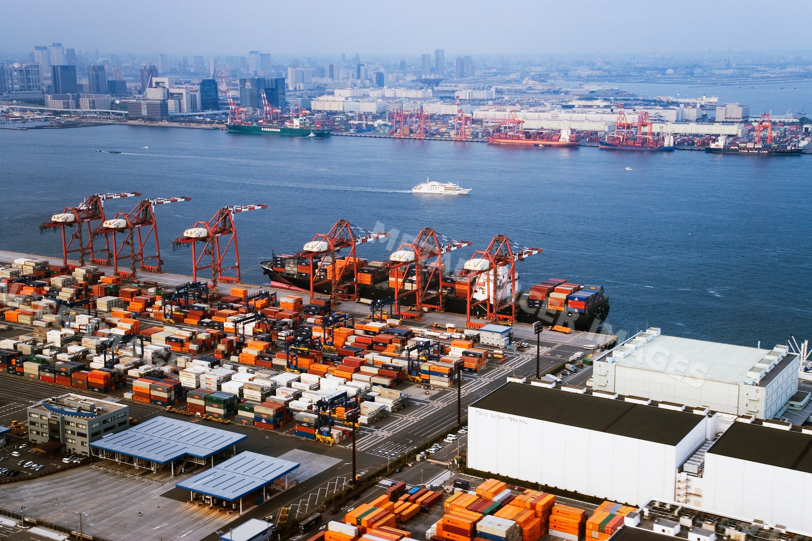 Tokyo suisan terminal container port and cargo ships on tokyo bay