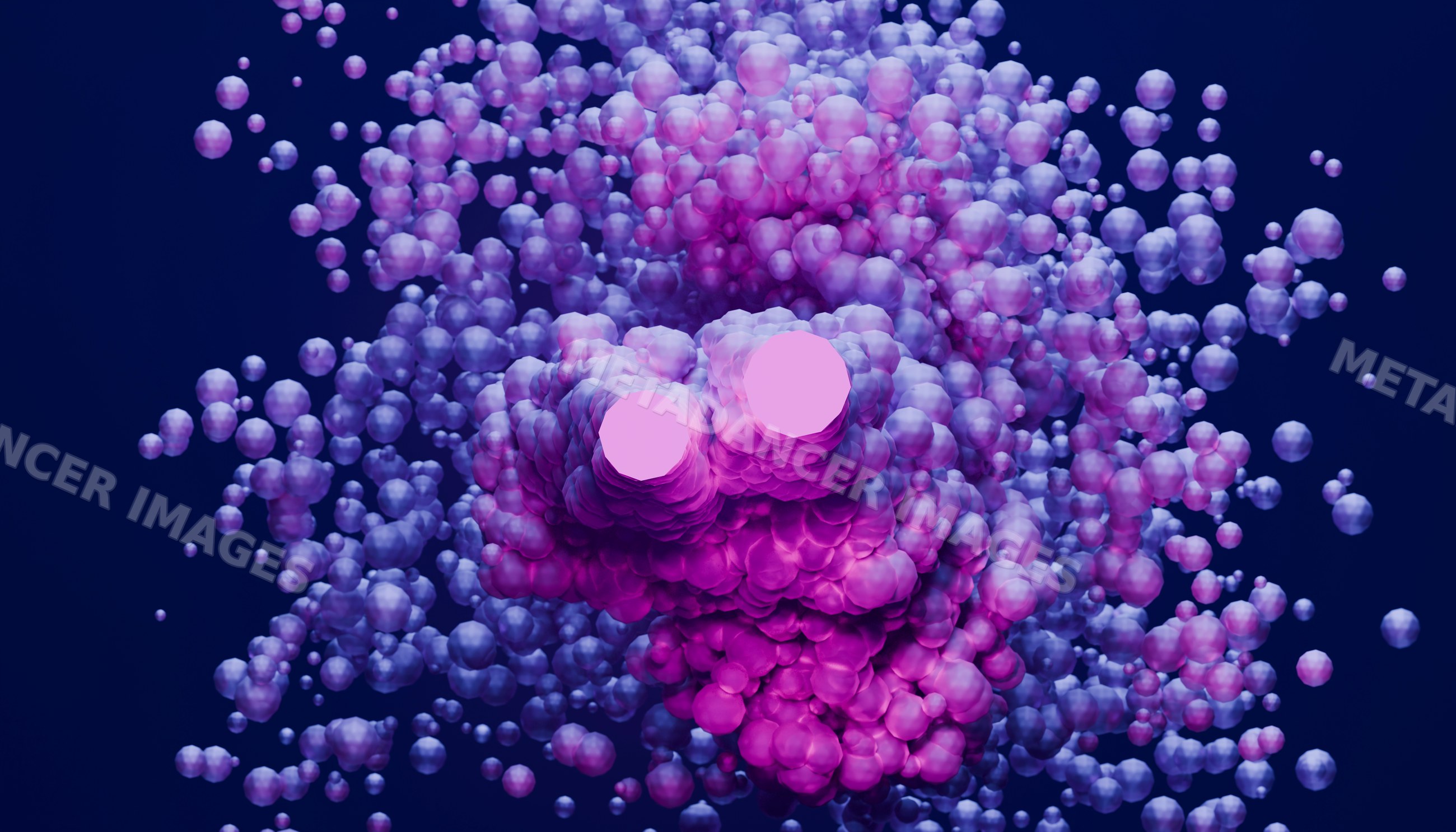 Purple spheres clustered in a digital 3d abstract composition