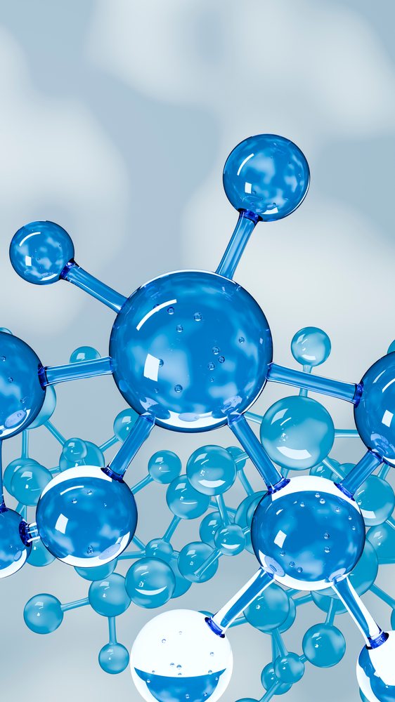 Blue molecular structures depicting chemical bonds and molecular