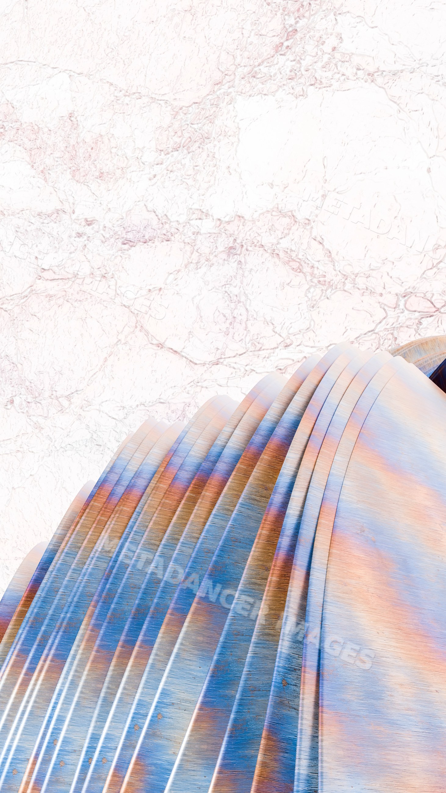 Curved colorful stacked metal sheets with weathered surface texture