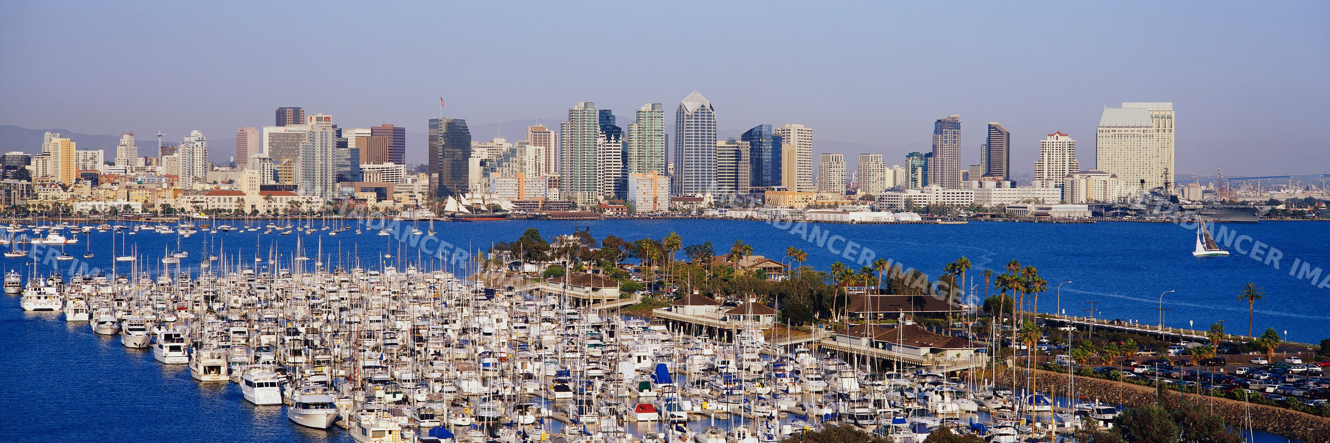 San diego city skyline and marina with sailboats on waterfront