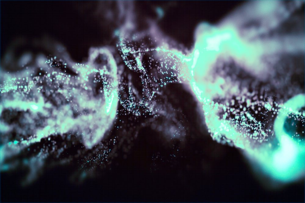A close-up view of glowing blue digital particles creating flowing