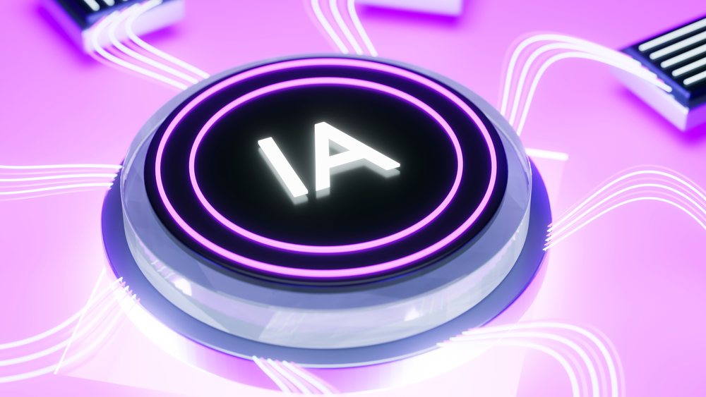 Glowing ia button on futuristic digital circuit 3d illustration