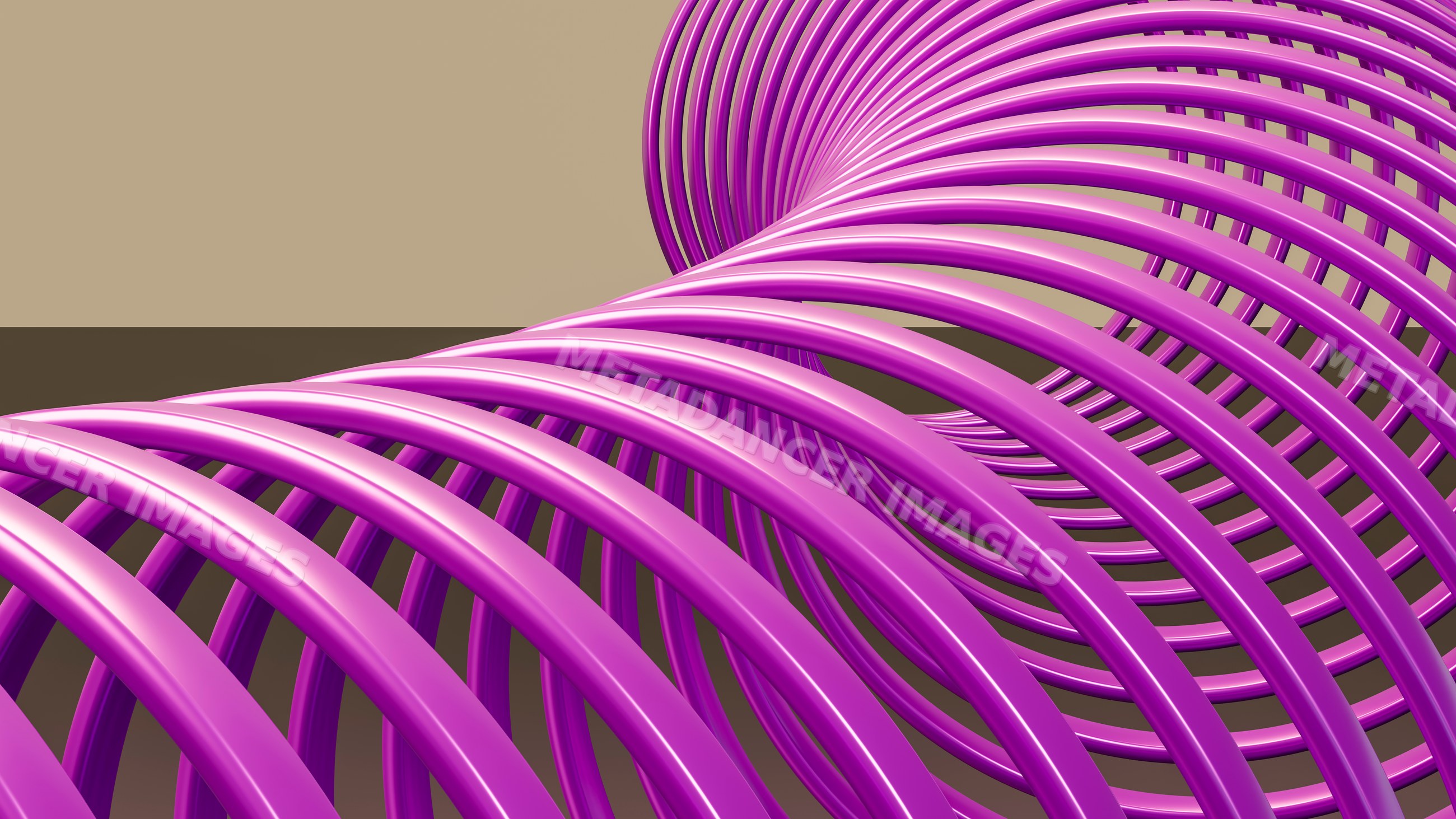 Abstract purple metal spring coil featuring symmetrical spiral design