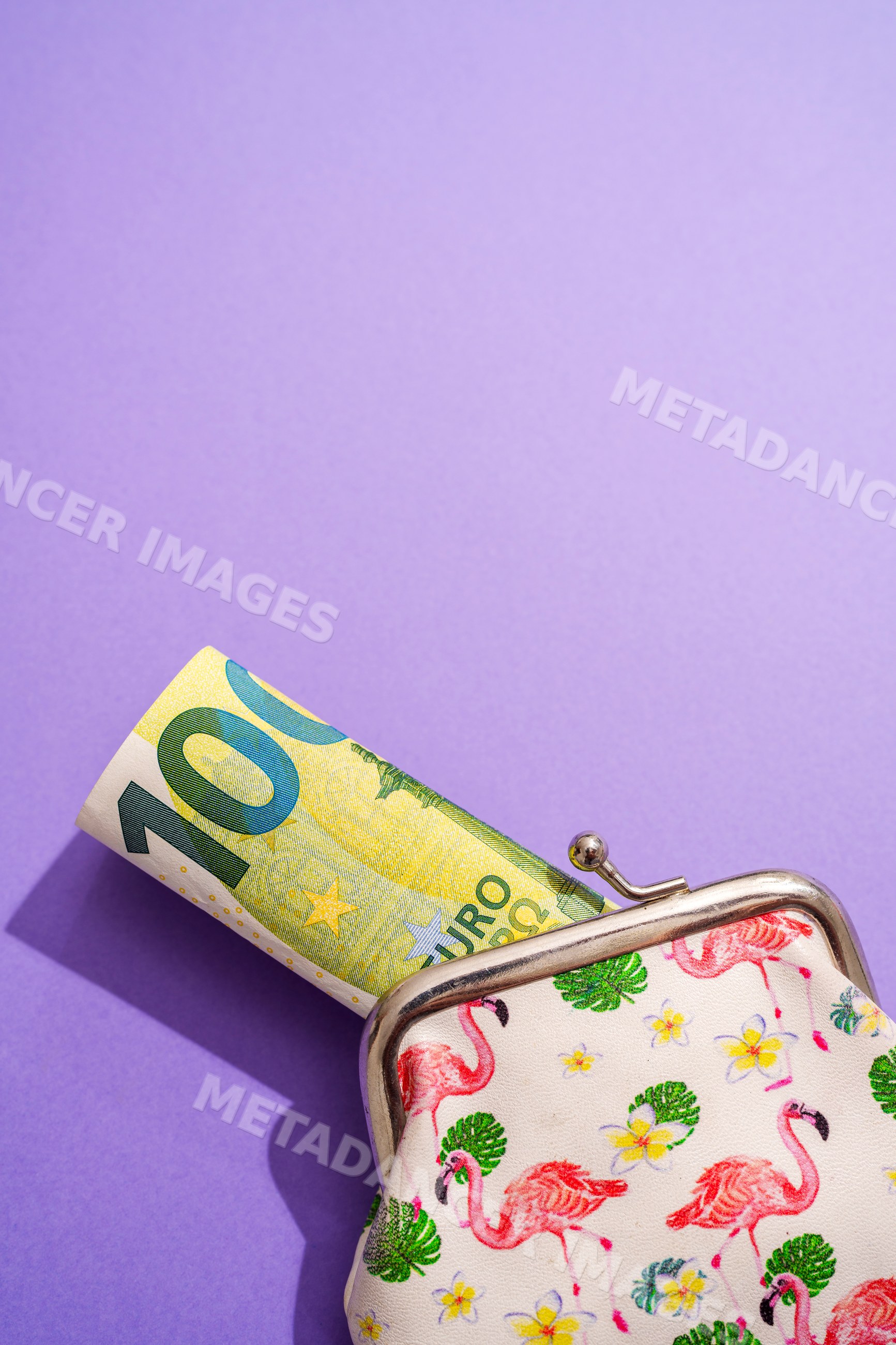Coin purse with 100 euro bill on purple background