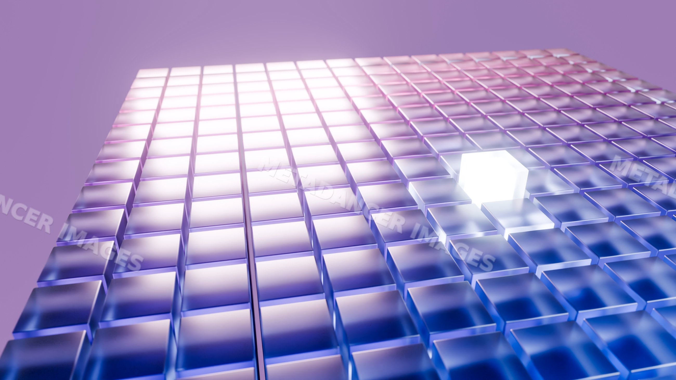 Glowing cube in abstract grid of transparent cubes digital