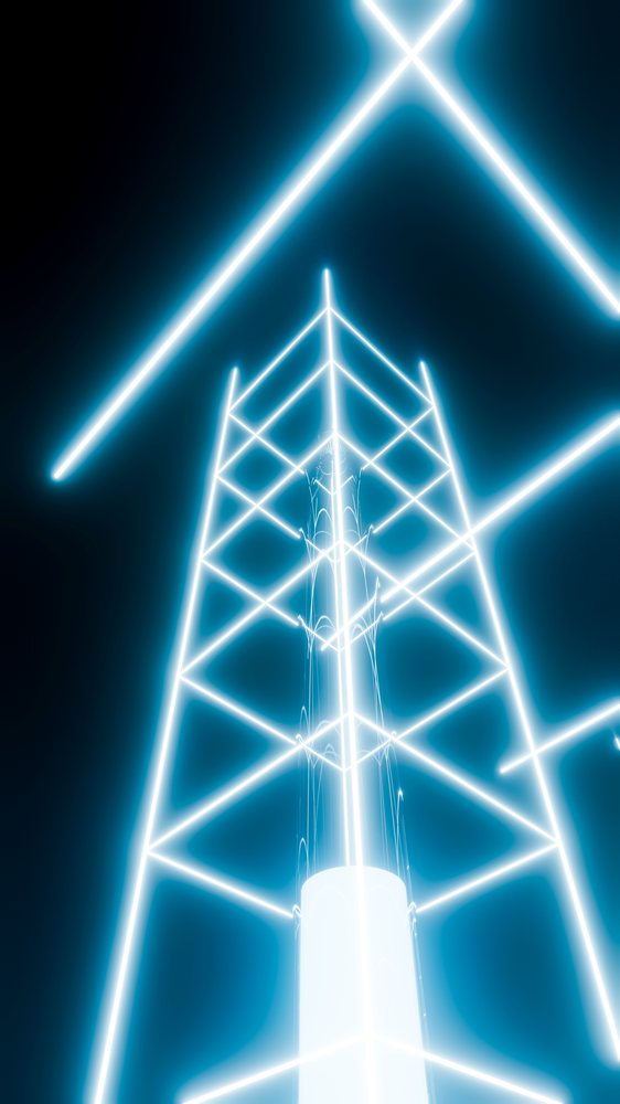 Neon blue geometric light sculpture glowing in dark digital art