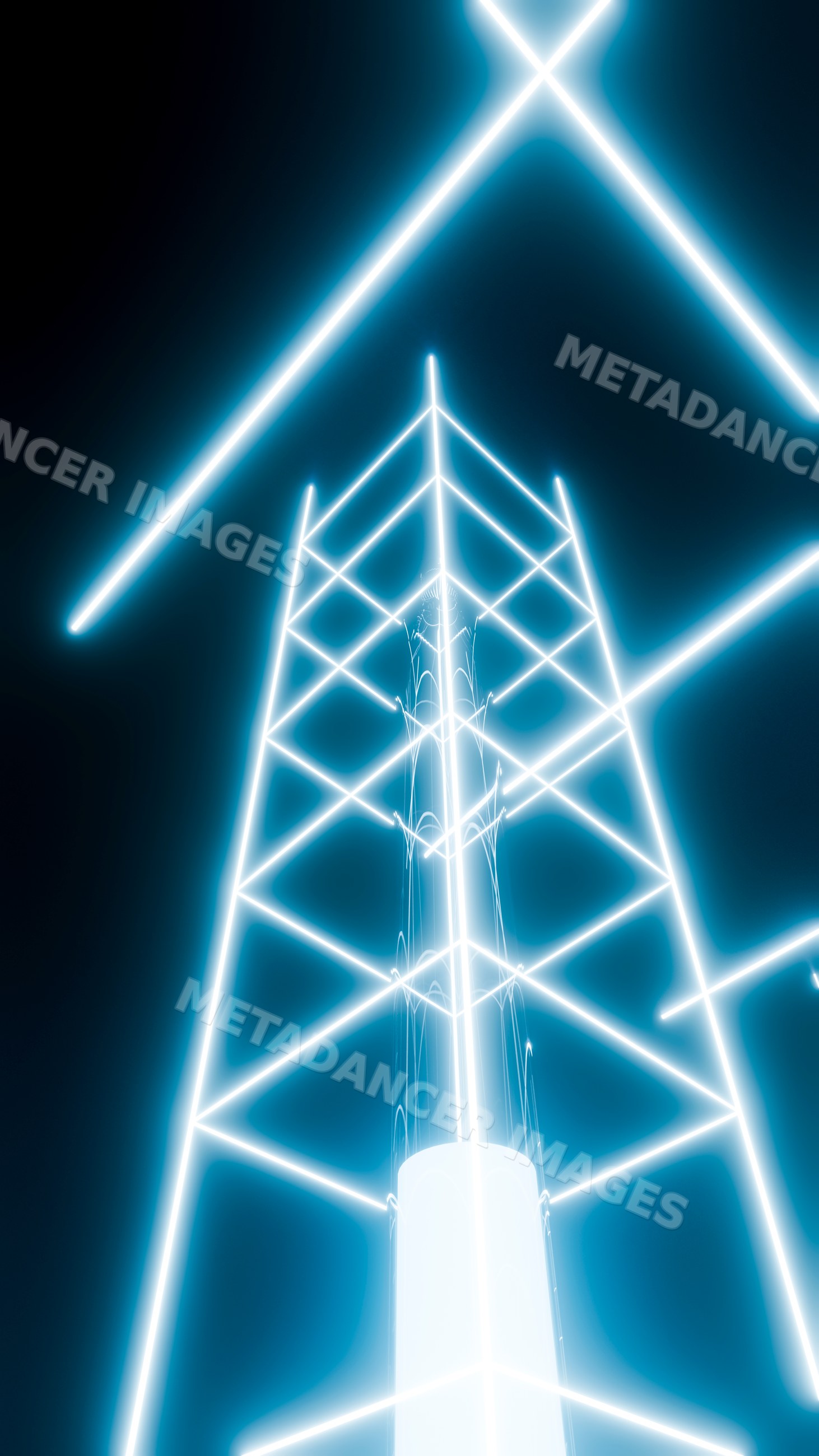 Neon blue geometric light sculpture glowing in dark digital art