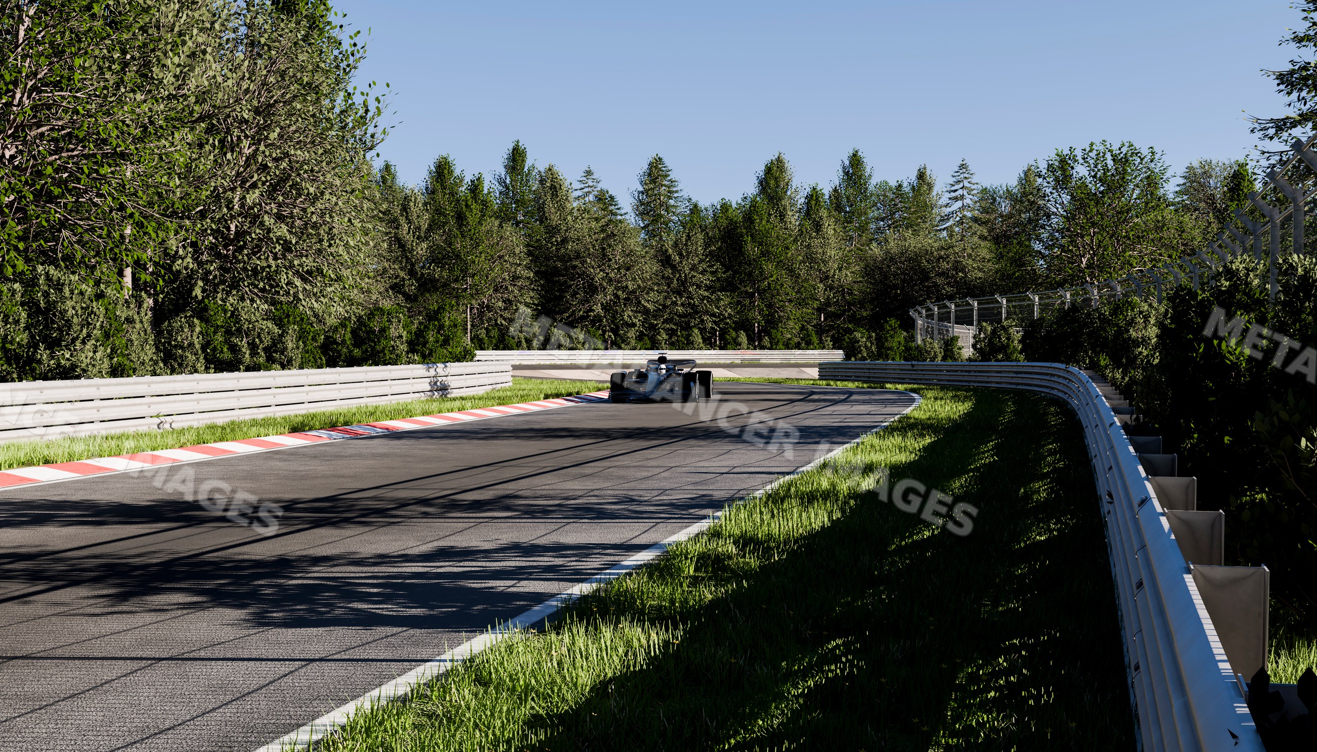 A race car drives on a curved asphalt circuit surrounded by trees
