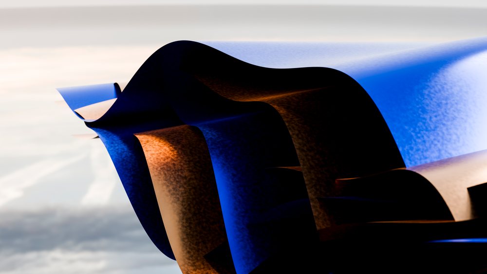 Abstract folded paper sheets with blue and orange lighting