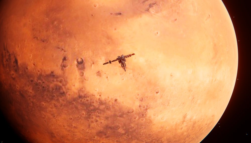 A spacecraft orbiter flying above a red planet in outer space