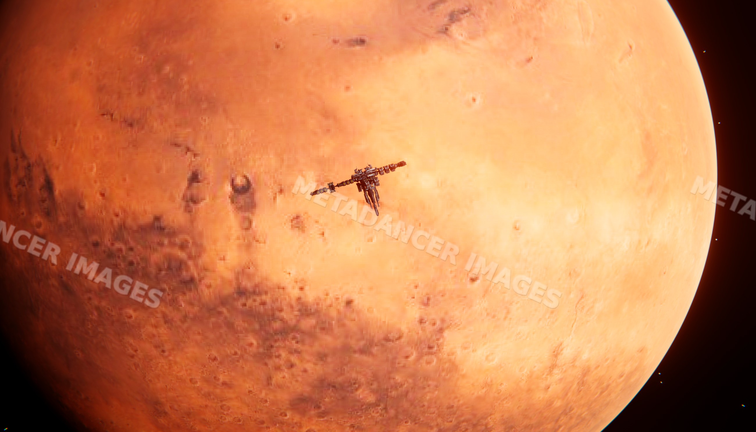 A spacecraft orbiter flying above a red planet in outer space
