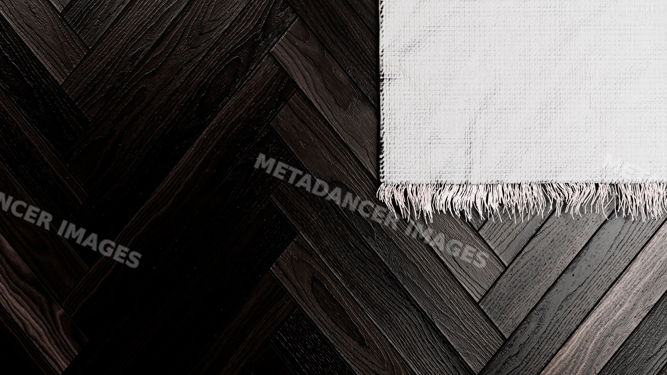 White textured woven rug with fringe on dark wood parquet floor