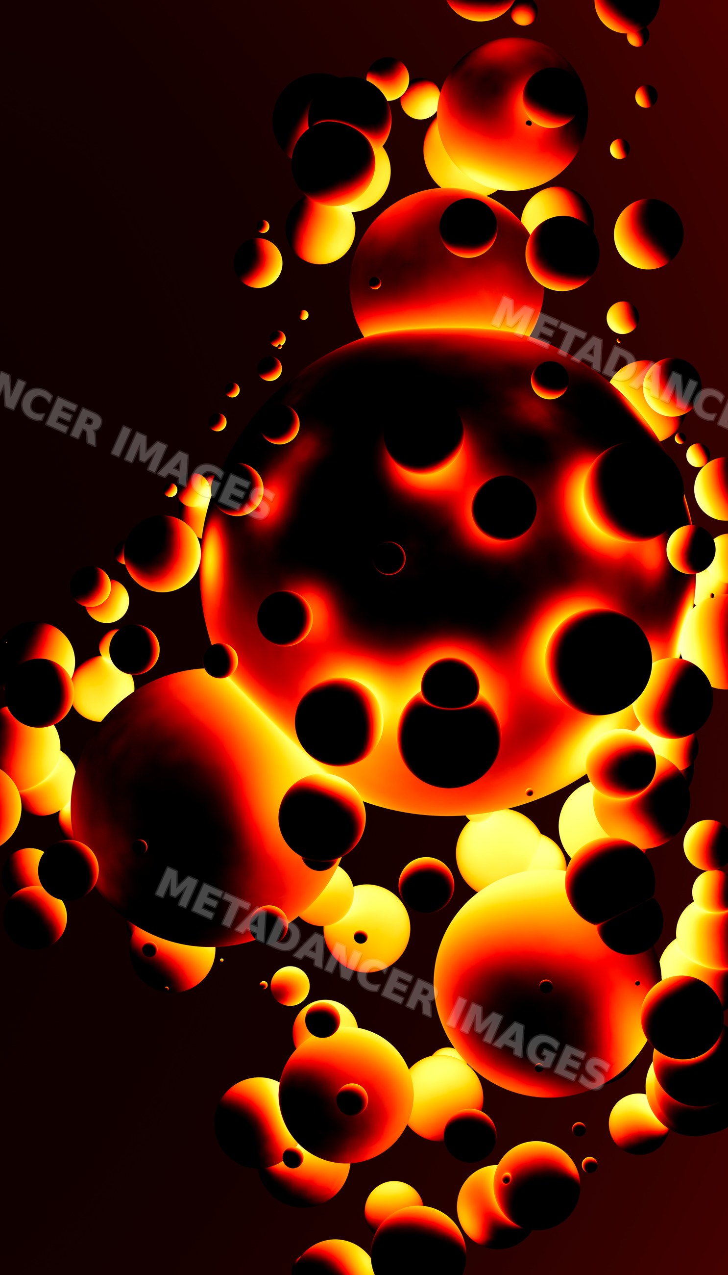 Glowing black and orange spheres floating in a dark abstract space