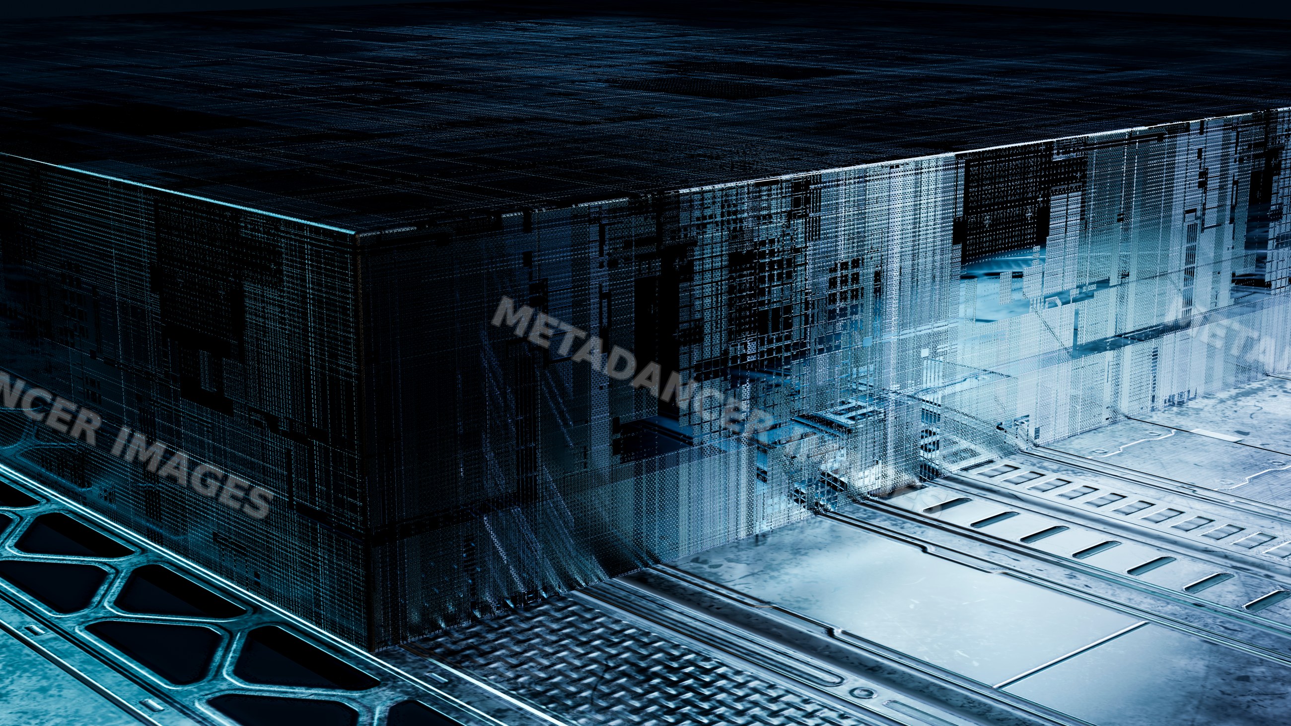 Futuristic metal platform with digital grid design