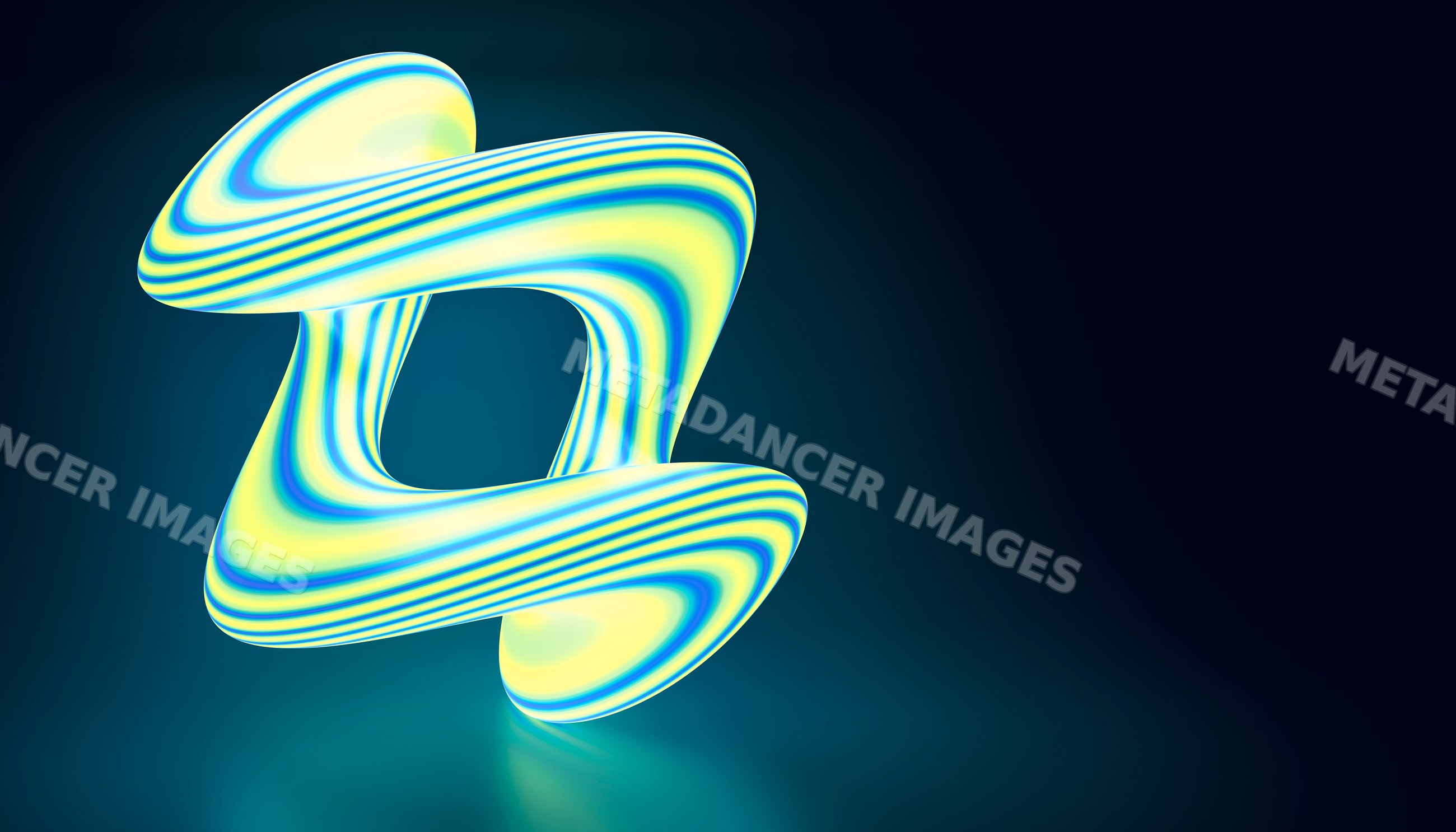 A glowing abstract 3d shape with striped blue and yellow pattern
