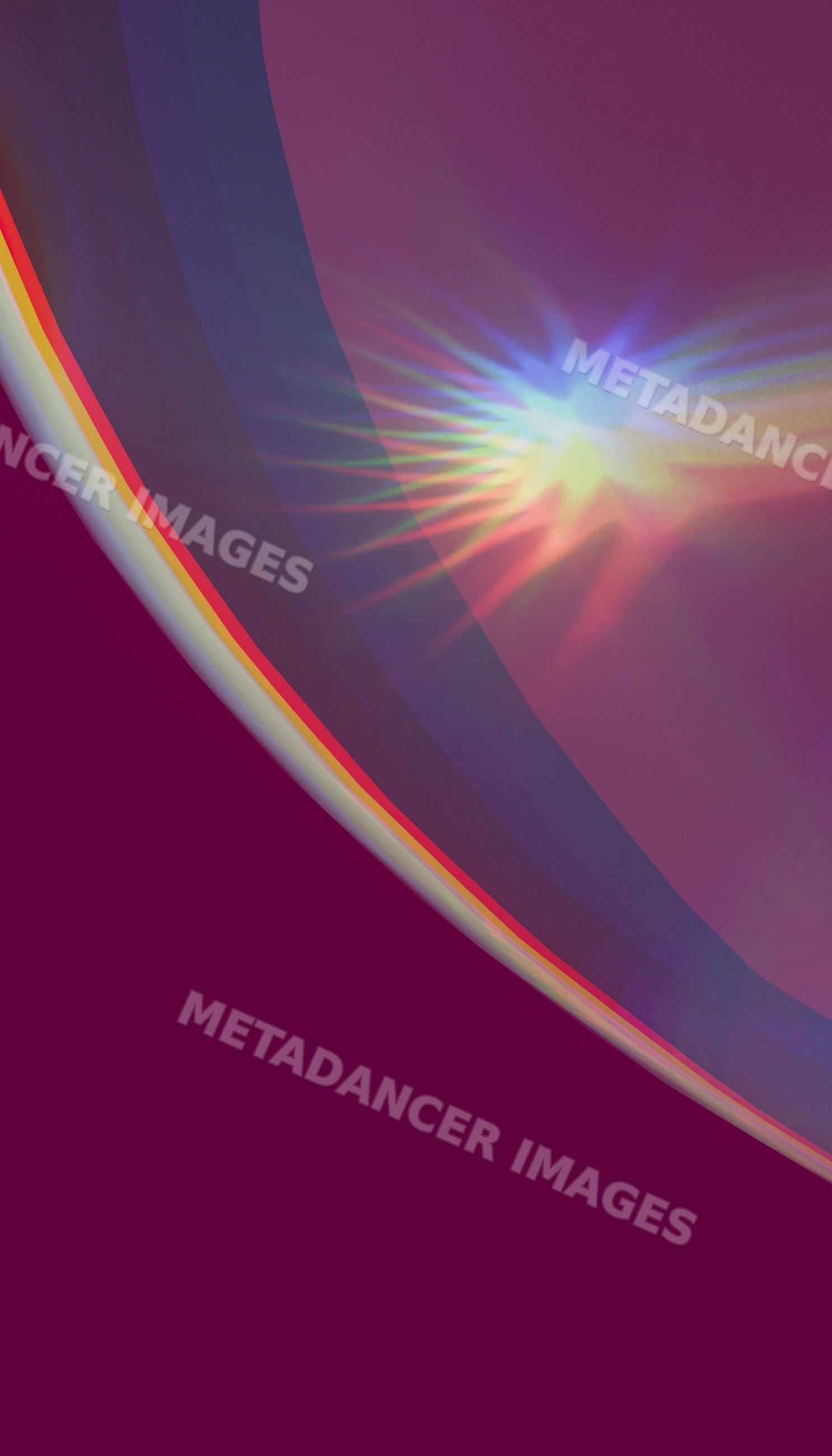 An abstract colorful light pattern with rainbow rays on a purple