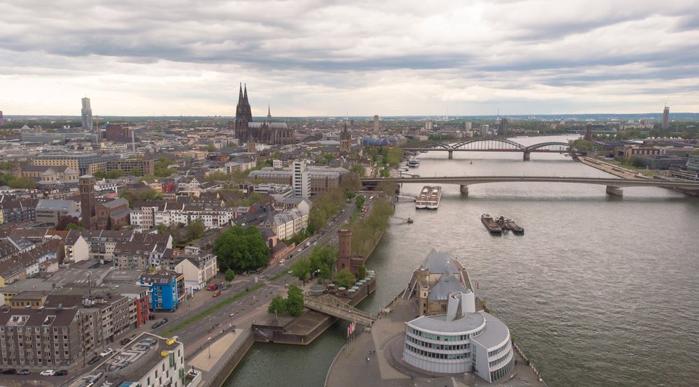 Aerial view of a german cityscape with cathedral and Rhine river