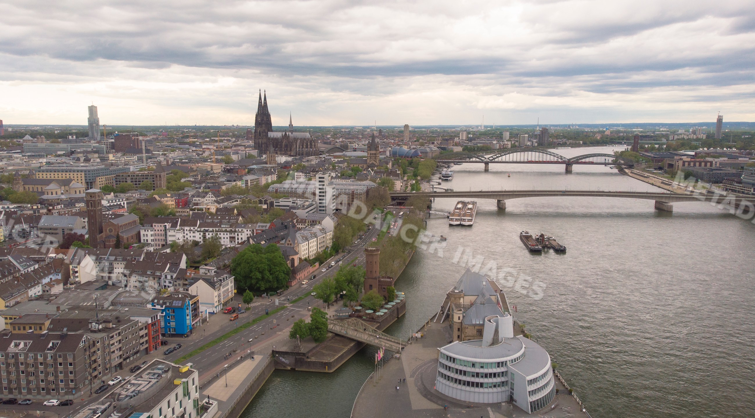 Aerial view of a german cityscape with cathedral and Rhine river