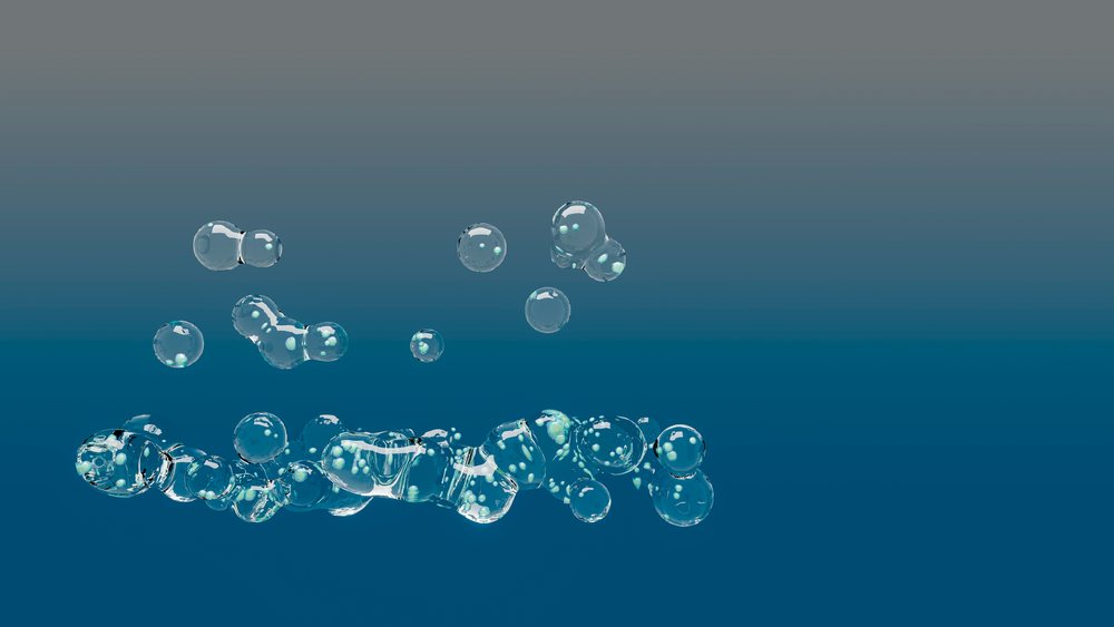 Transparent bubbles floating over blue gradient background