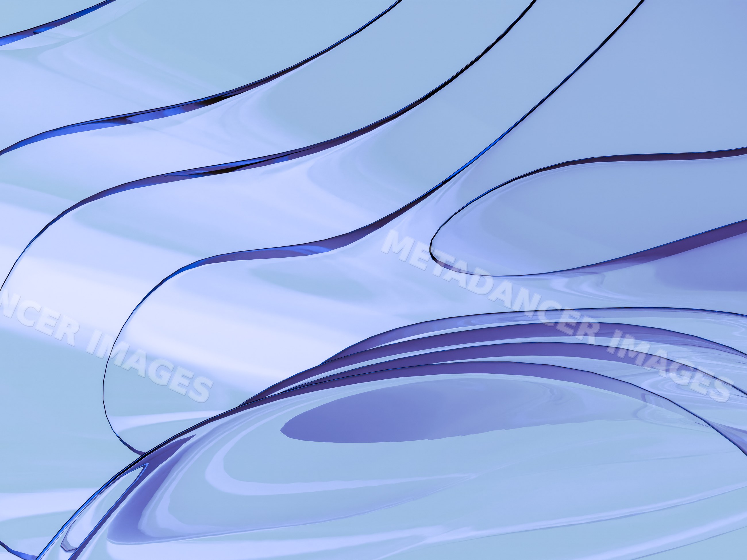 Close-up of smooth curved blue glass with reflective surfaces
