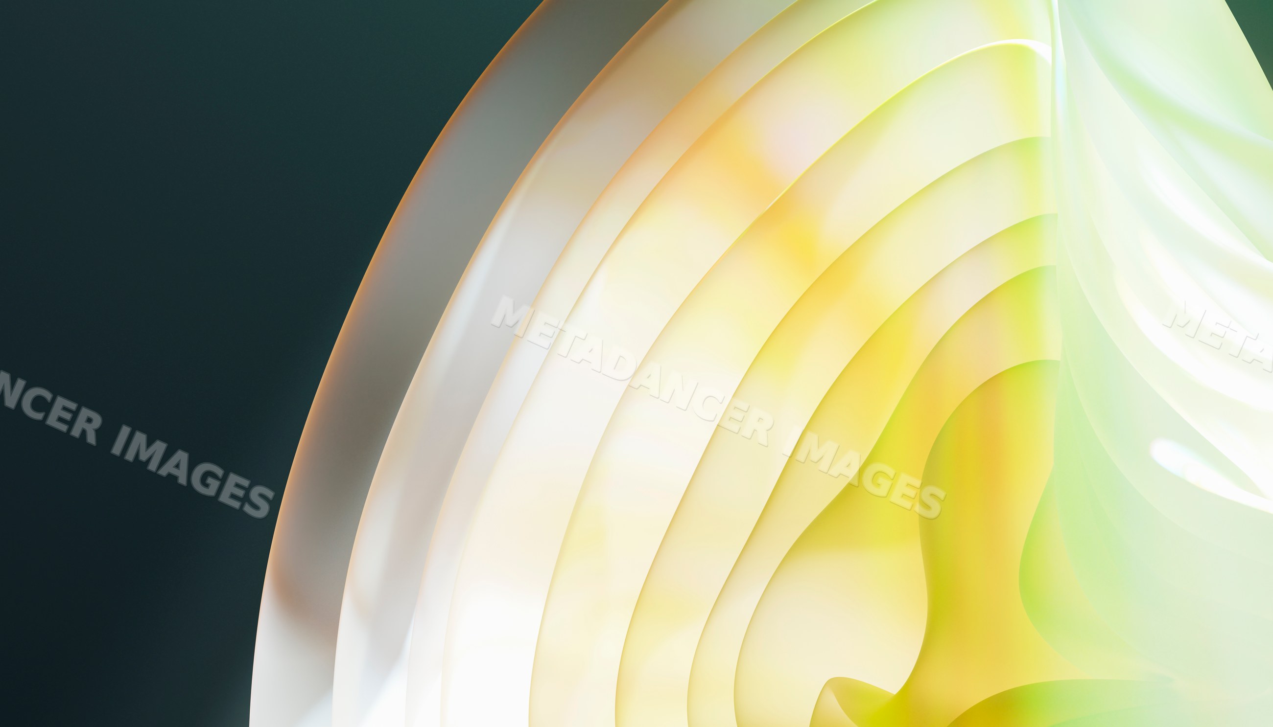 Abstract layered translucent shapes glowing with soft yellow and green