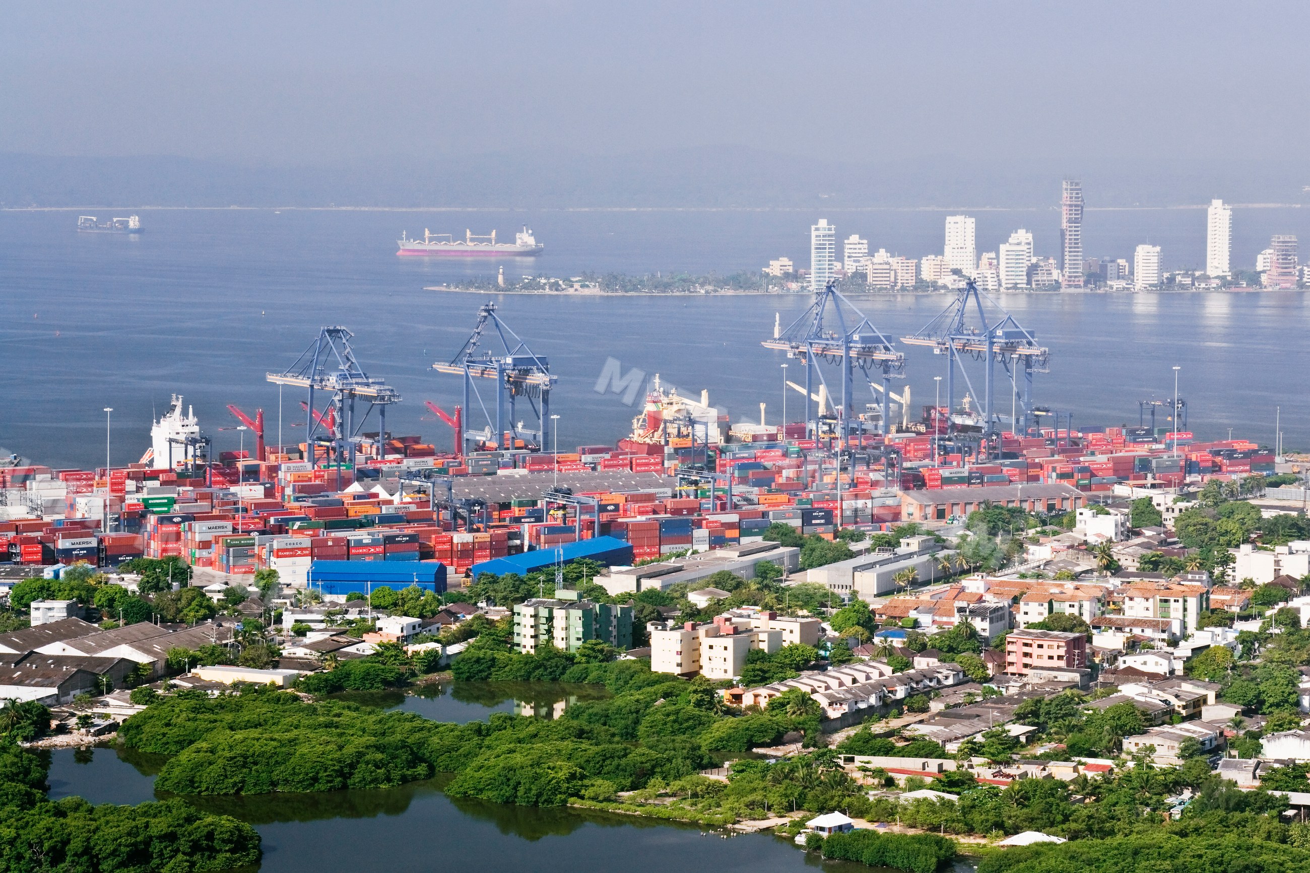 Port cartagena container terminal with cranes and ships colombia
