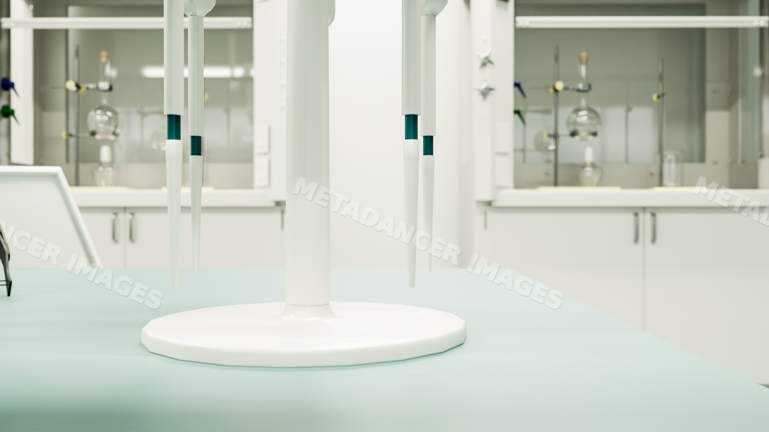Laboratory pipettes with plastic tips on bench in research lab