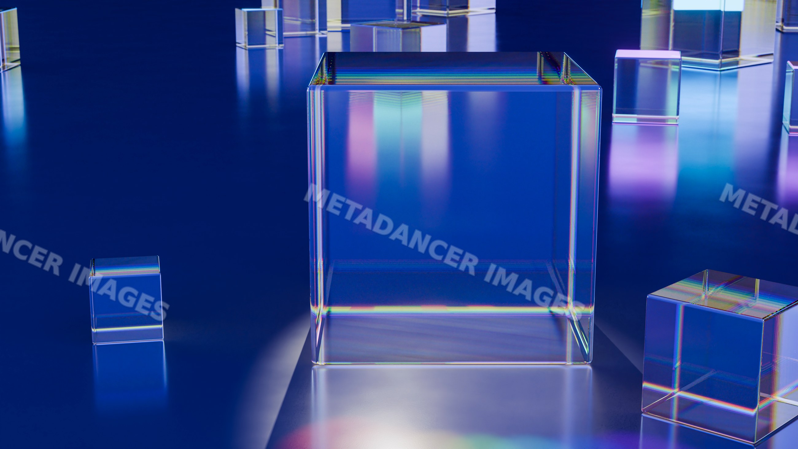 Transparent glass cubes with light refraction on blue surface