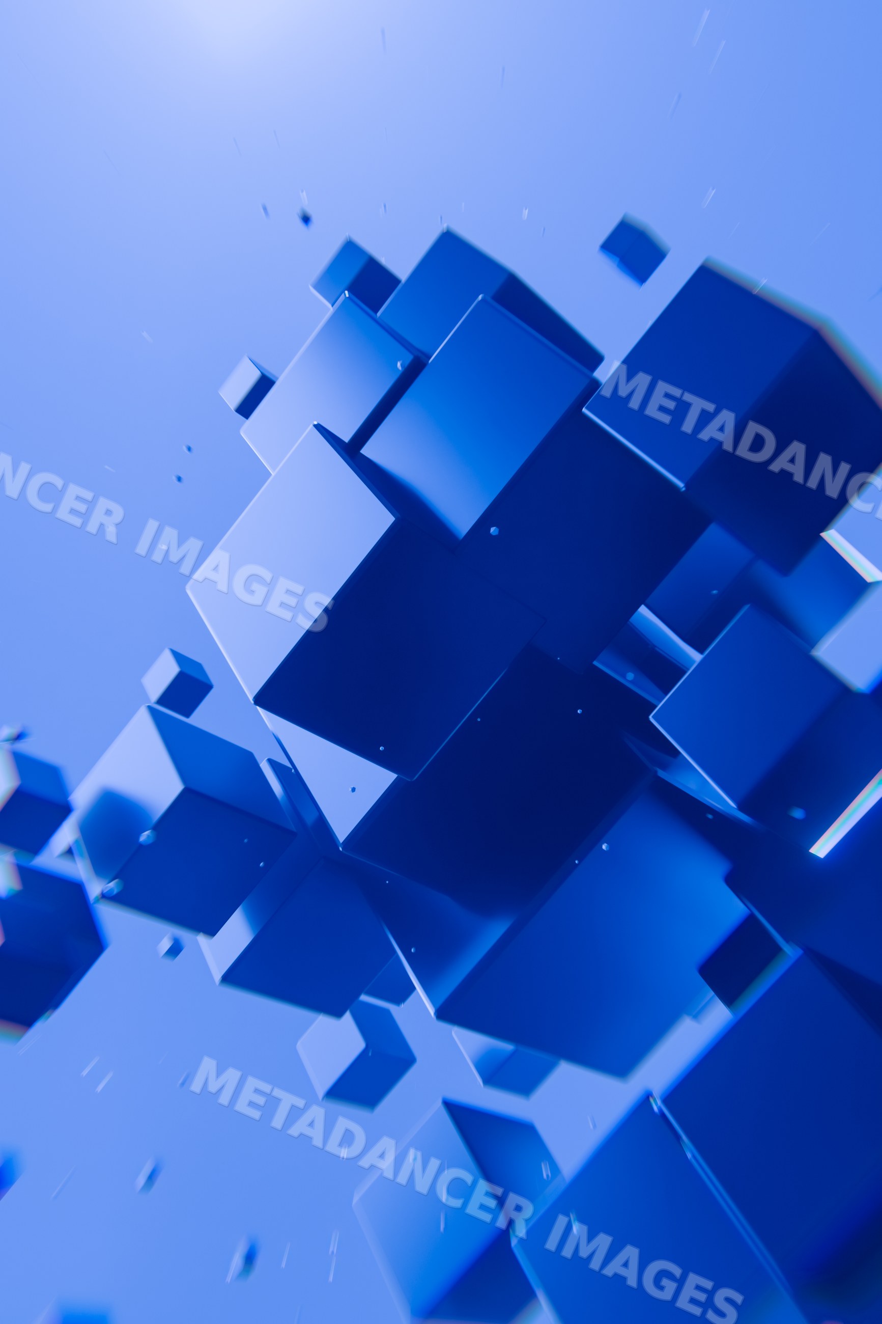 Blue 3d floating cubes in abstract render background