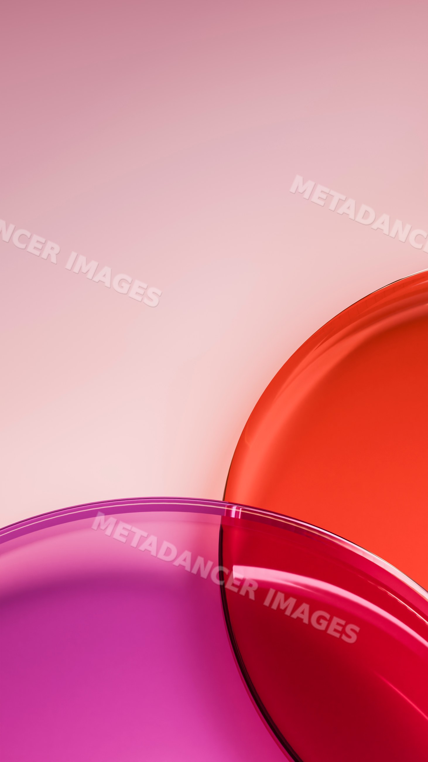 Abstract colored glass objects with overlapping red and pink shapes