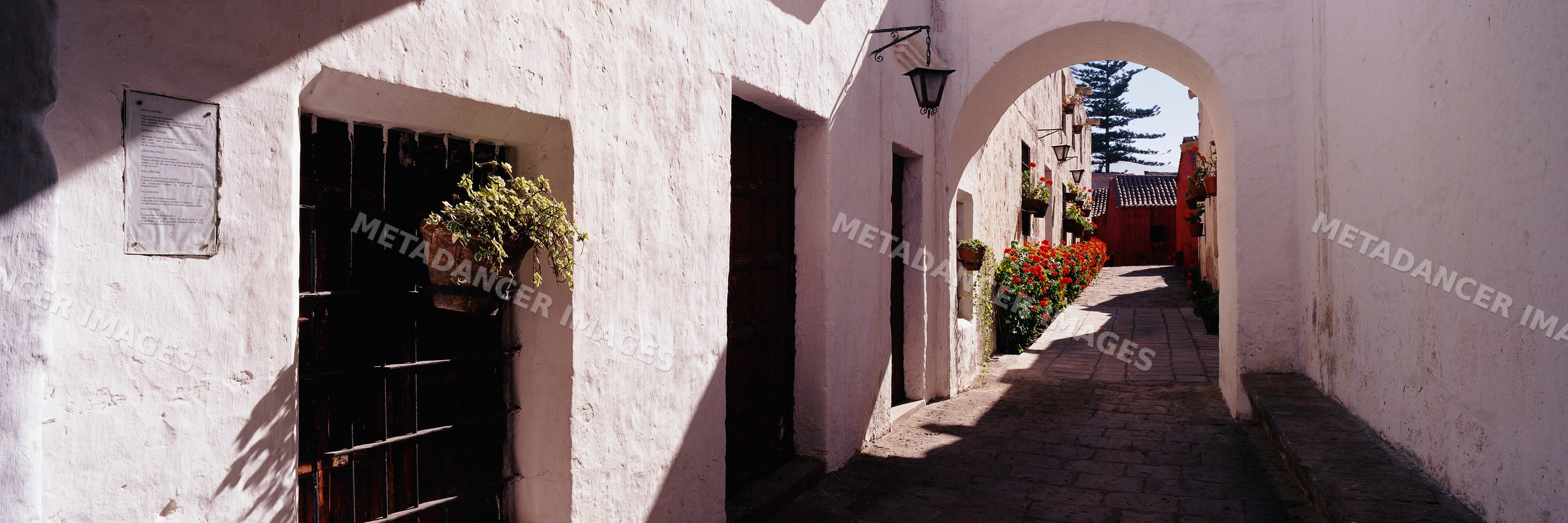 Sunlit archway with plants and pathway at santa catalina monastery