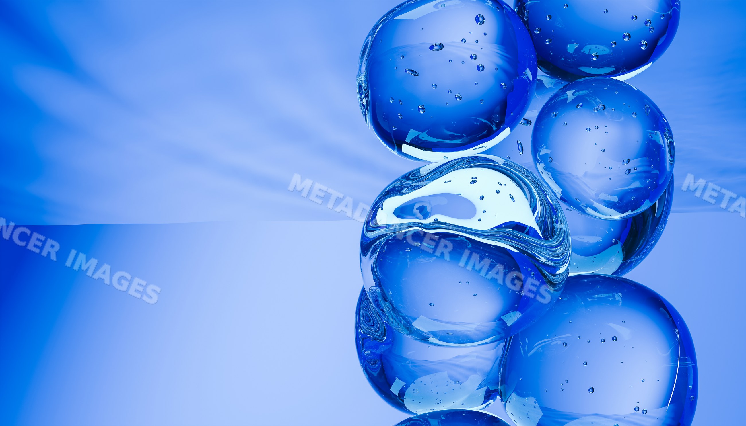 Cluster of transparent blue bubbles against a blue abstract background