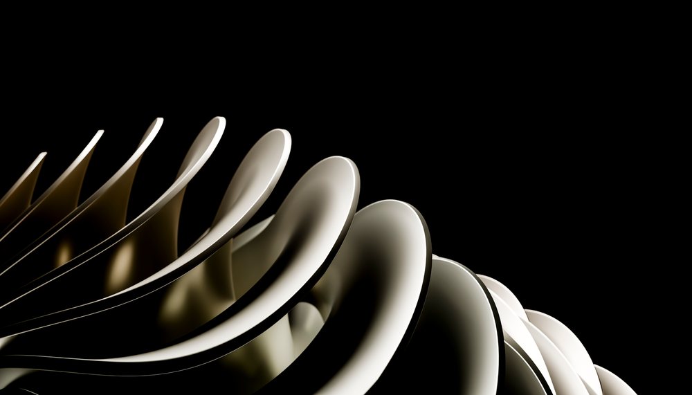 White abstract sculpture with flowing curved shapes on Black