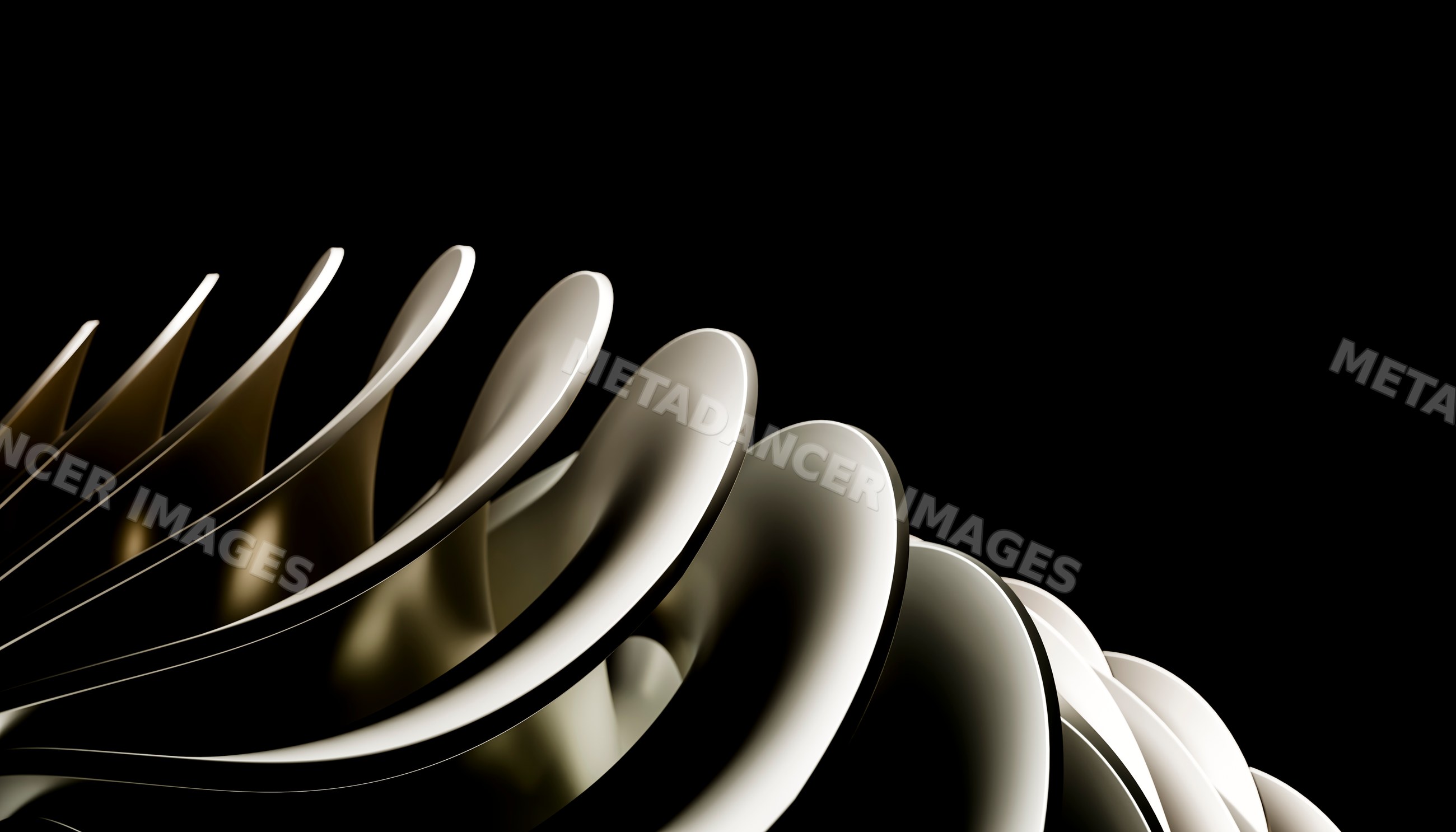 White abstract sculpture with flowing curved shapes on Black
