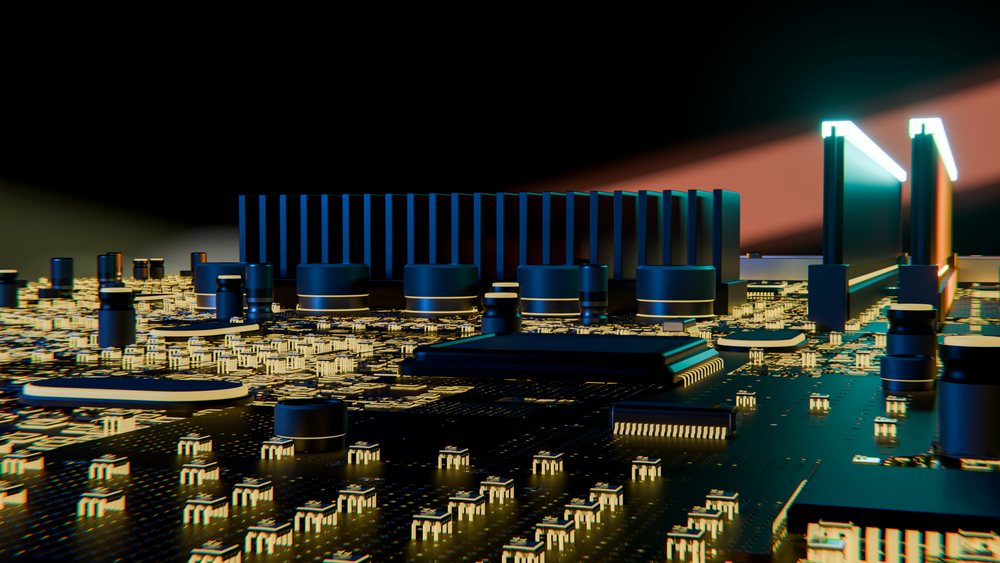 Close-up illustration of computer chip and circuit board components