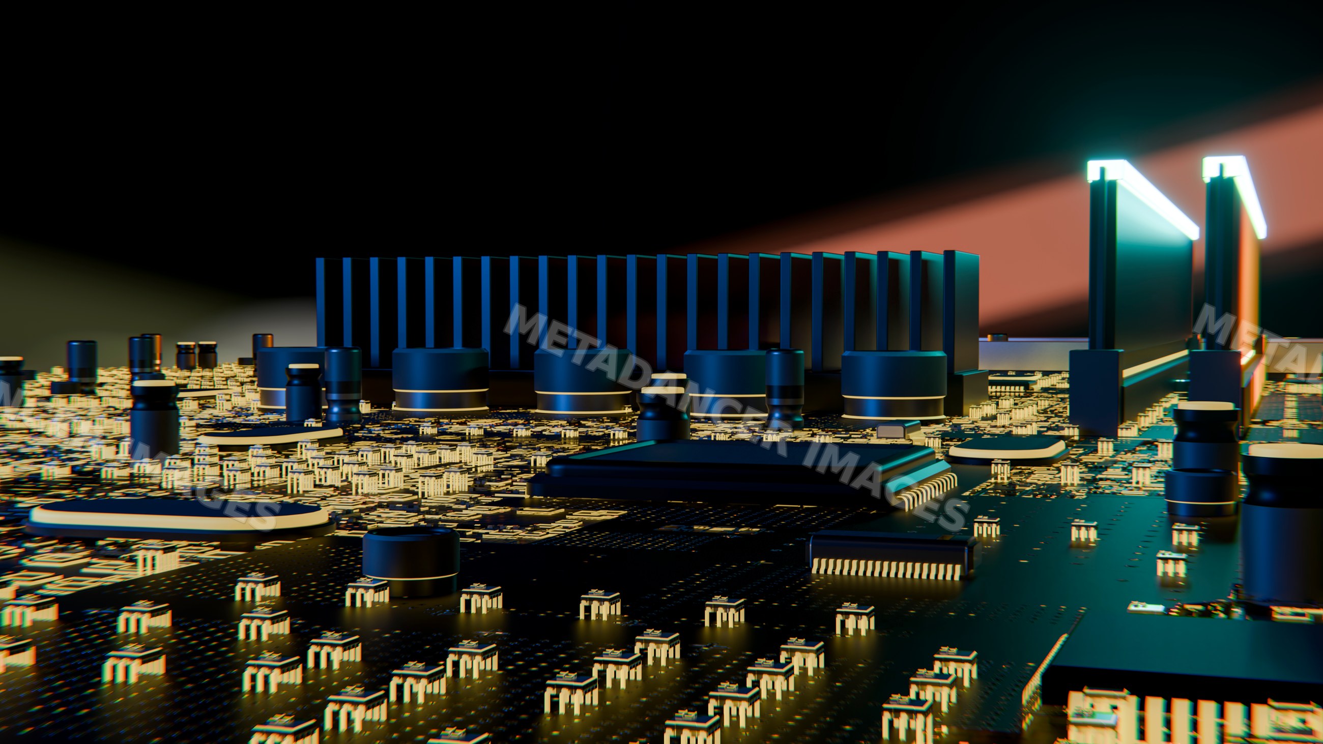 Close-up illustration of computer chip and circuit board components