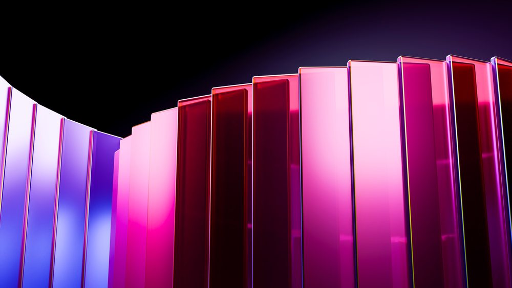 Abstract curved glass panels with pink and purple illumination