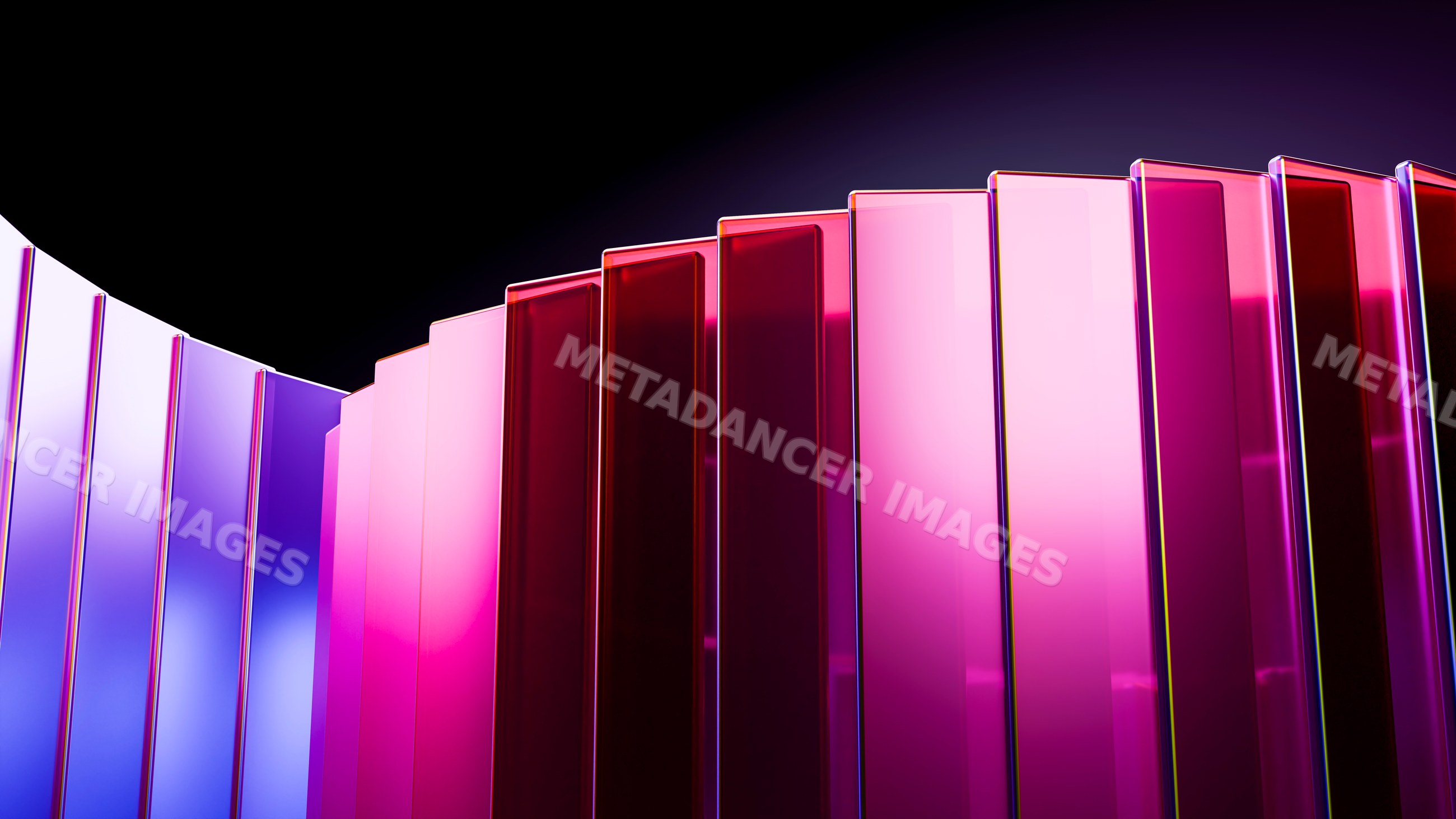 Abstract curved glass panels with pink and purple illumination